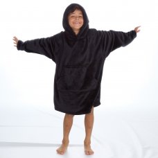 18C808: Older Kids Plain Black Over Sized Plush Hoodie With Borg Lined Hood (One Size - 7-13 Years)